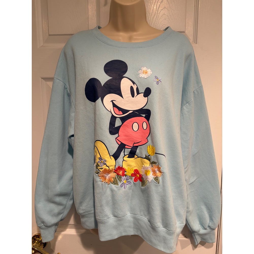 Disney Mickey Mouse Floral Embroidered Sweatshirt Light Blue XL Cottagecore chic